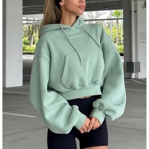 Jubilee Women Sage Green Cropped Logo Hoodie‎ Pullover Sweatshirt Small